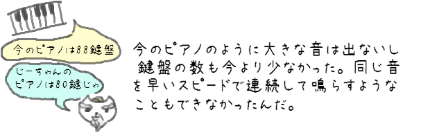 今のピアノのように大きな音は出ないし、鍵盤の数も今よりすくなかった。同じ音を早いスピードで連続して鳴らすようなこともできなかったんだ。