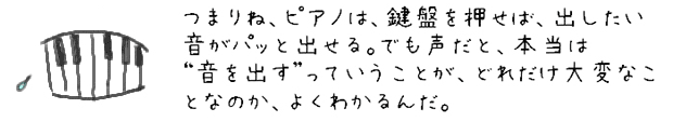 つまりね、ピアノは、鍵盤を押せば、出したい音がパッと出せる。でも声だと、本当は音を出すっていうことが、どれだけ大変なことなのか、よくわかるんだ。