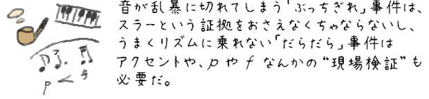 音が乱暴に切れてしまう「ぶっちぎれ」事件は、スラーという証拠をおさえなくちゃならないし、うまくリズムに乗れない「だらだら」事件は、アクセントやpやfなんかの現場検証も必要だ。