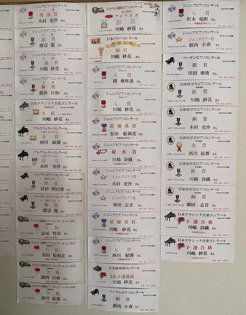 最近の入賞状況を貼り出した掲示板